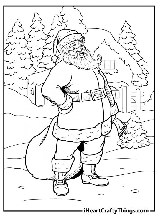 Detailed image of a smiling Santa standing outside a snow-covered house holding a bag of toys