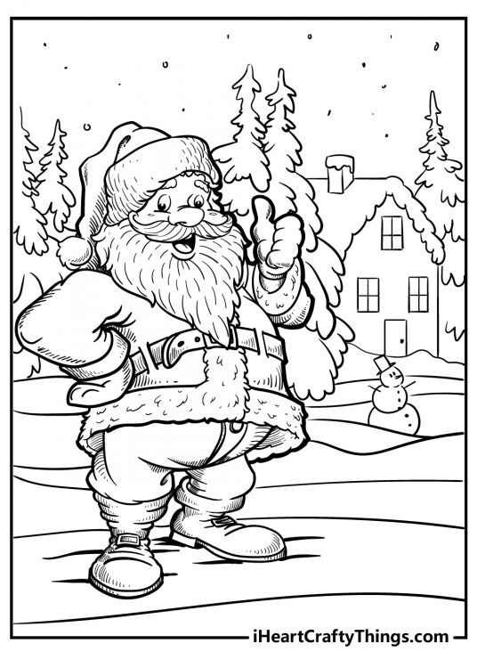 Coloring page of a Santa smiling and giving a big thumbs up outside someones house