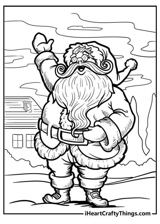 Detailed drawing of a Santa with a curly mustache and long beard letting out his famous laugh of ho ho ho
