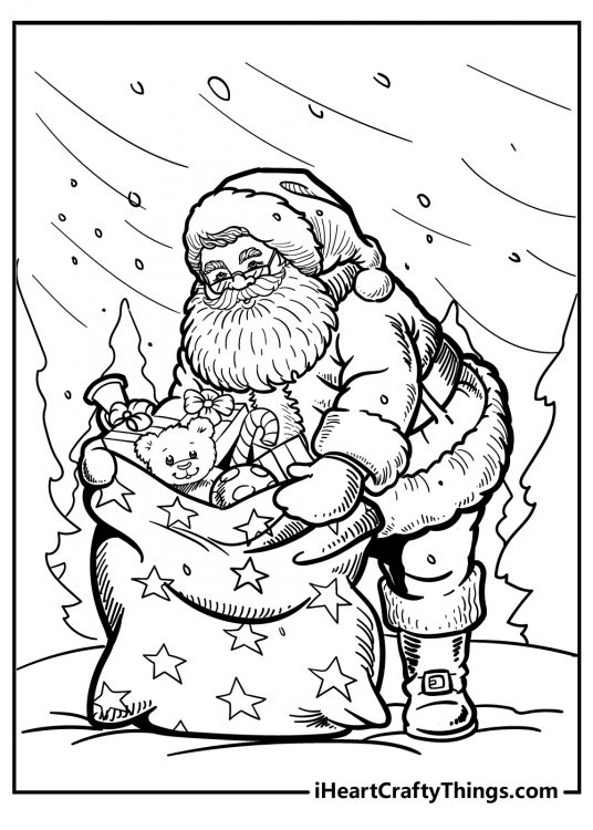 Free printable image featuring Santa Claus looking for a gift in his bag decorated with stars on a snowy day