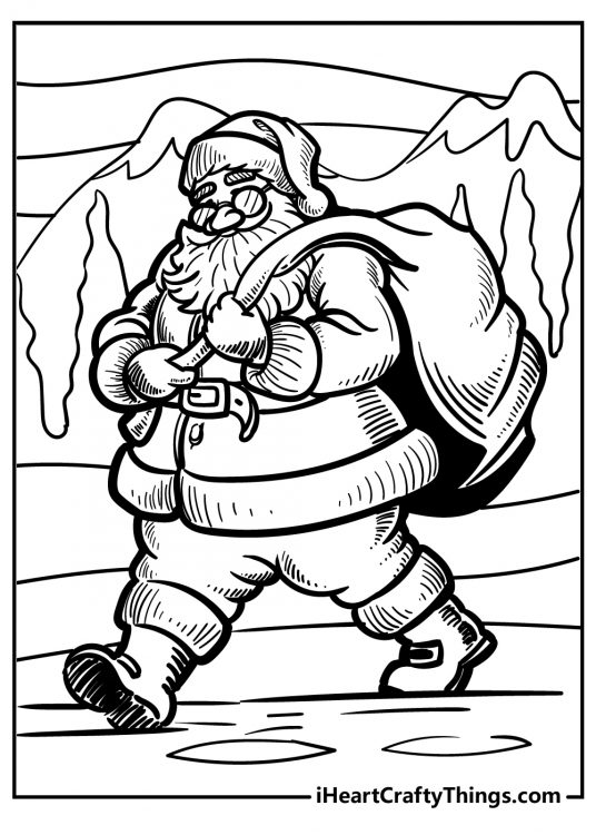 Black-and-white image featuring Santa carrying big sack of gifts past high mountain peaks