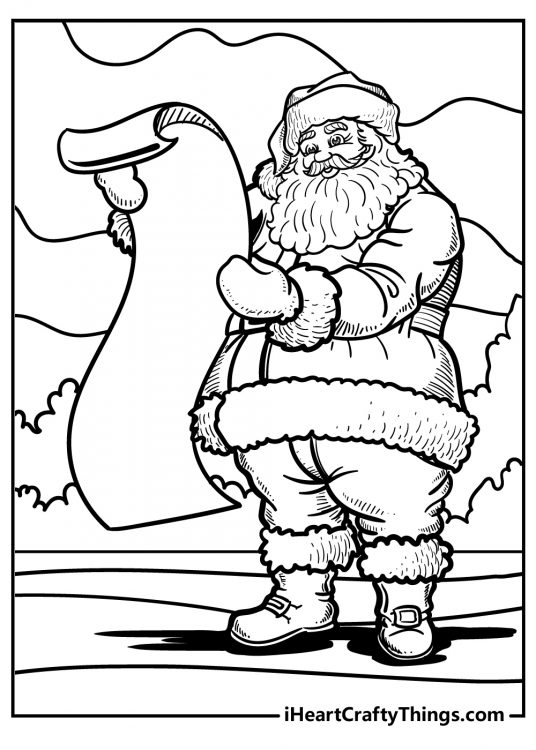 Coloring picture featuring Santa wearing his traditional outfit and holding a very long list