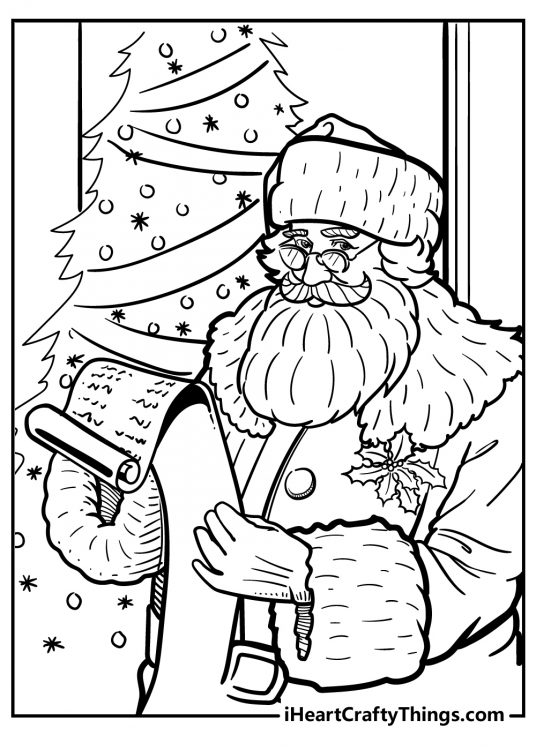 Detailed coloring page presenting Santa with glasses standing by the Christmas tree and reading a list