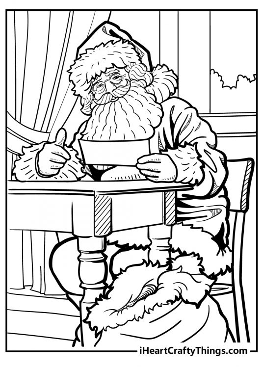 Detailed printable drawing of a Santa sitting at a desk and giving a big thumb up while reading a letter