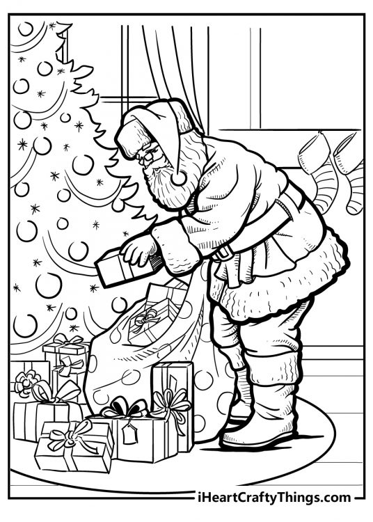 Printable pdf for kids depicting Santa carefully placing beautifully wrapped gifts under a Christmas tree