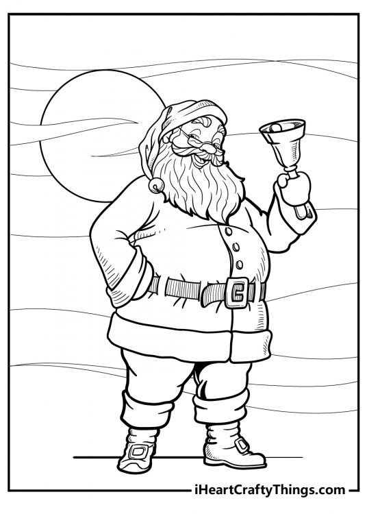 Detailed drawing featuring Santa standing under a full moon and ringing a big bell