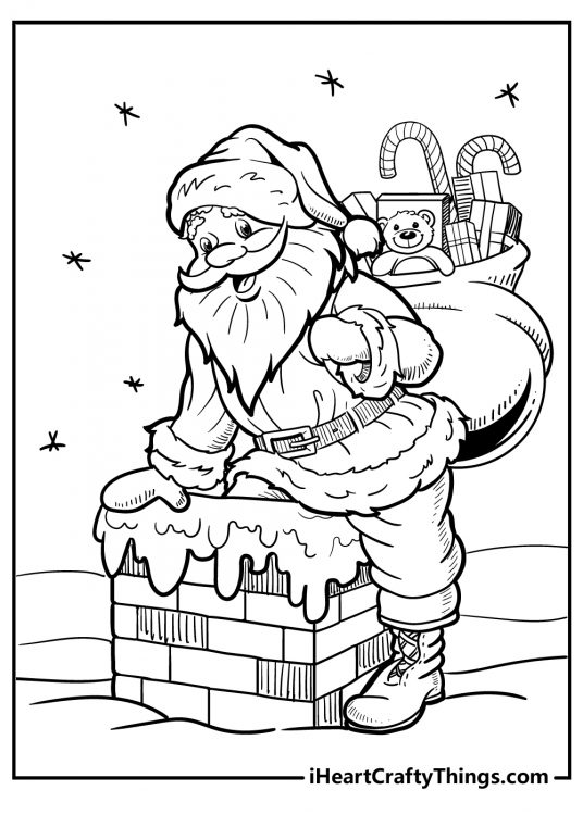 Picture to print and color of a Santa ready to go down the chimney with a bag full of gifts