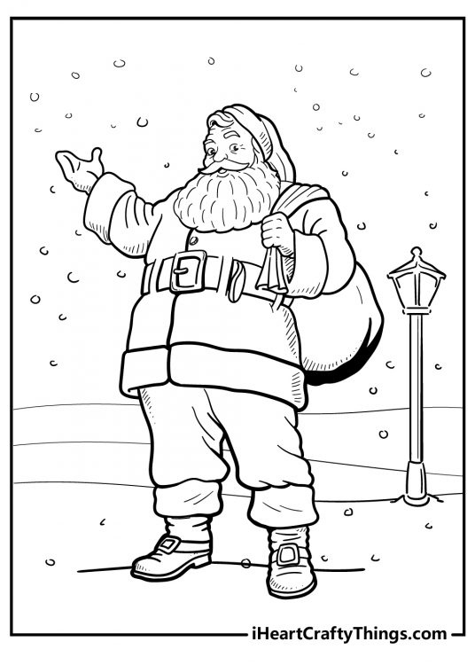Printable page for children featuring Santa posing outdoors on a snowy day with a bag full of gifts on his back