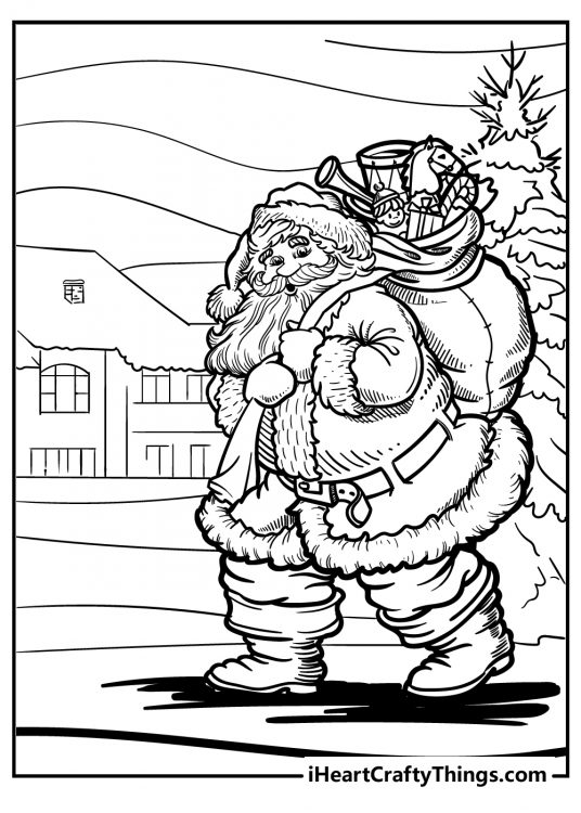 Image of a Santa Claus carrying bag of toys on his back with houses and trees in the background