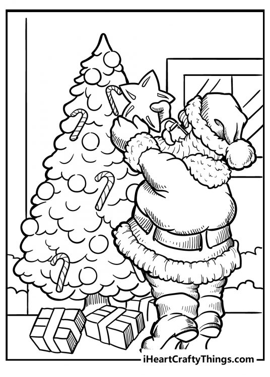 Coloring poster for kids depicting Santa Claus putting big star on a Christmas tree