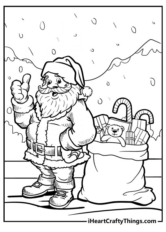 Image of an outdoors scene with cheerful Santa giving a big thumbs up and a smiling next to his bag of toys