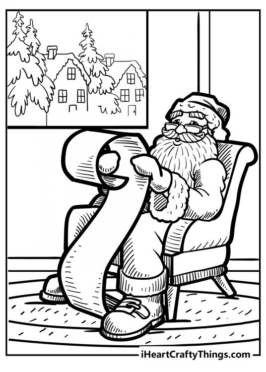 Printable picture featuring Santa Claus sitting in a chair in his living room and reading a long list