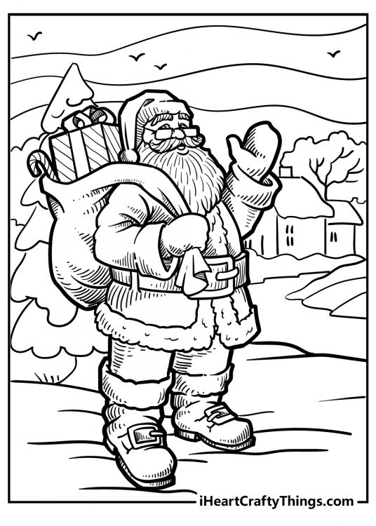 Picture of a Santa holding a bag full of gifts and waving to us with trees and little houses in the background