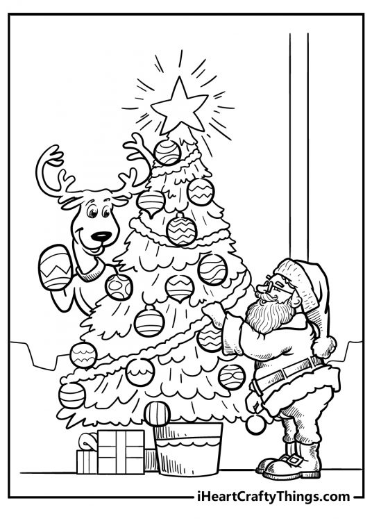 Coloring poster for kids featuring Santa Claus and Rudolph decorating a tall Christmas tree