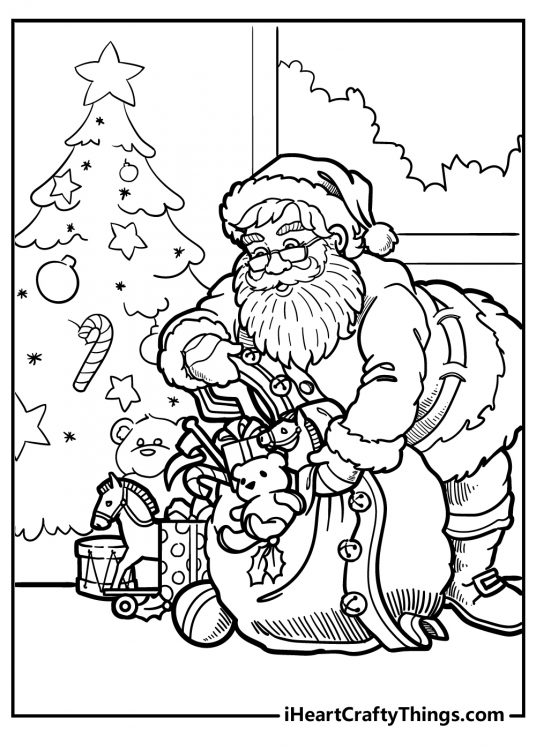 Image depicting Santa Claus taking some gifts out of his bag while standing next to Christmas tree