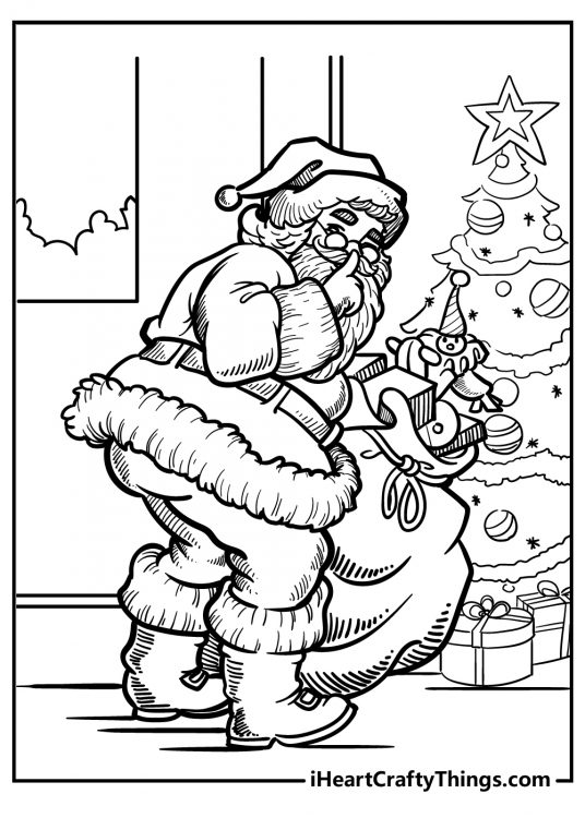 Free coloring picture for kids presenting Santa silently placing presents under a tree