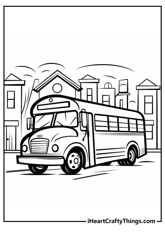 Coloring picture for kids featuring a school bus on a street with buildings in the background
