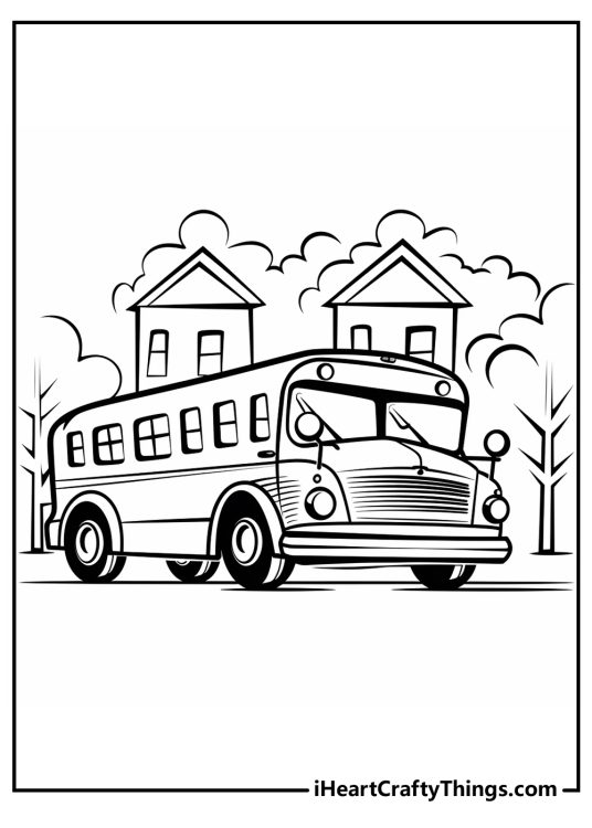 Free coloring image of a school bus driving down a suburban street with trees and houses in the background