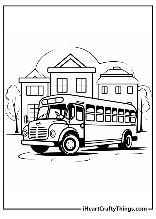 Black-and-white picture for kids featuring a school bus parked in front of a school building