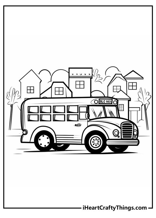 Detailed coloring page featuring a school bus with BLC 8831 plate parked in front of a row of houses