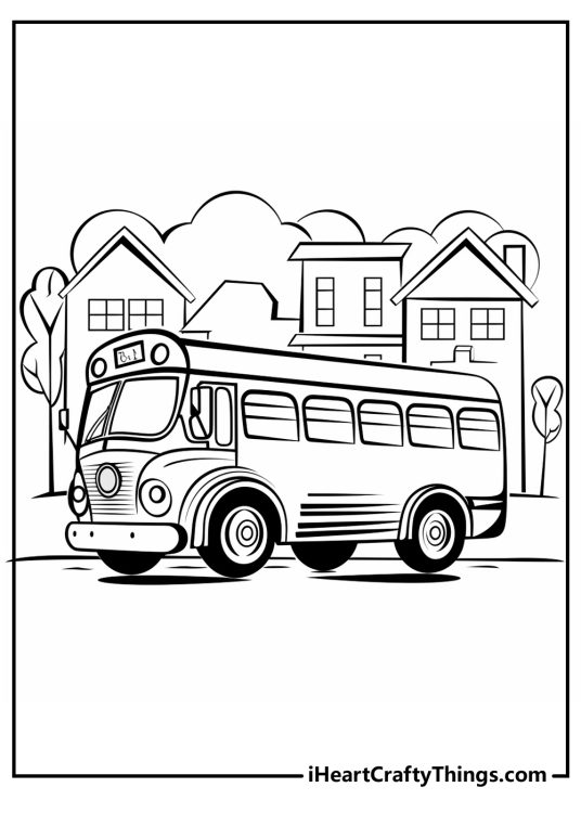 Detailed coloring page featuring a school bus on a street in a residential neighborhood