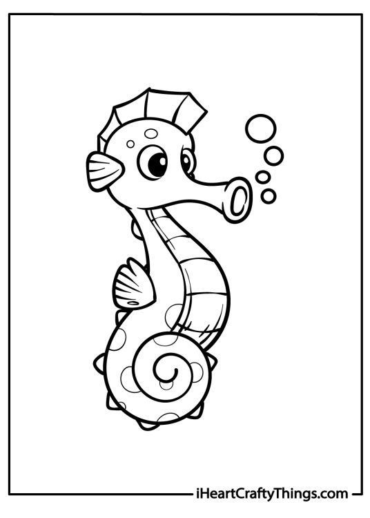 Free printable page to color featuring playful seahorse having a blast blowing bubbly bursts from his snout