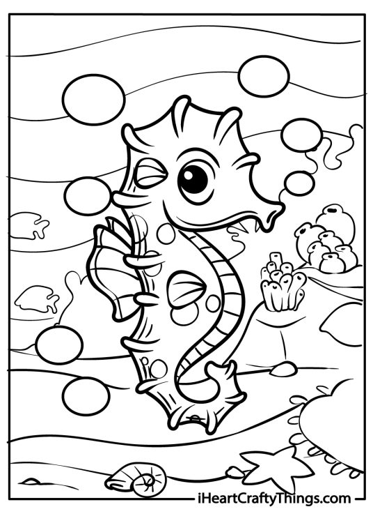 Printable coloring picture for kids of a seahorse swimming through a lively underwater ocean habitat