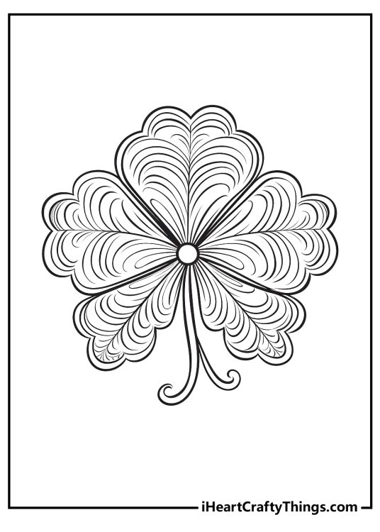 Detailed printable illustration of a shamrock filled with curved lines and loops