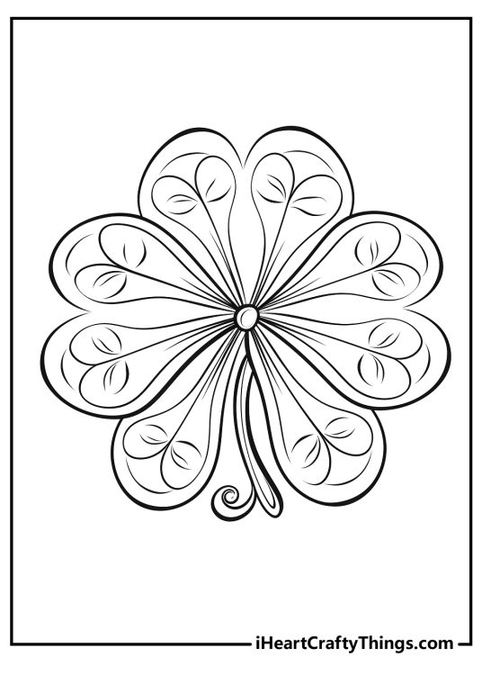 Shamrock-themed coloring sheet featuring shamrock swirl made of curved lines and loops that form a spiral shape