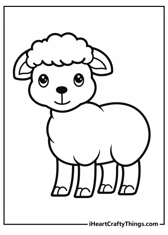 Black-and-white drawing for pre-schoolers of a smiling sheep with thick and fluffy wool