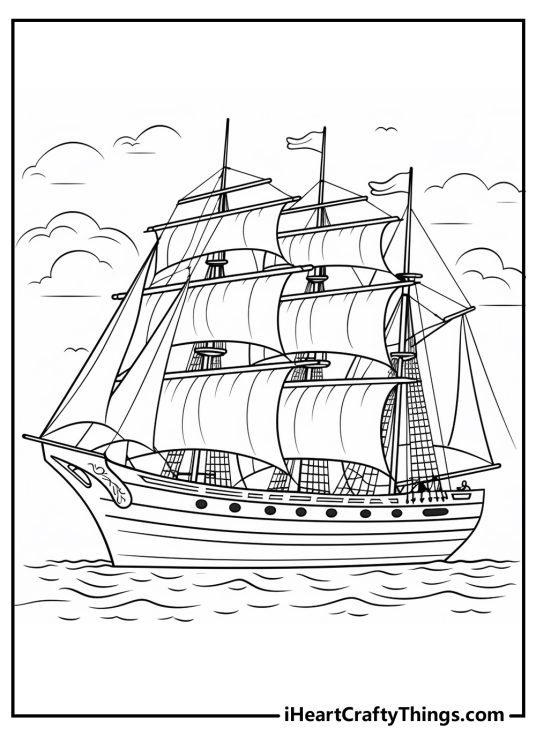 Coloring pdf featuring proud vessel with three soaring masts and billowing white sails on a water