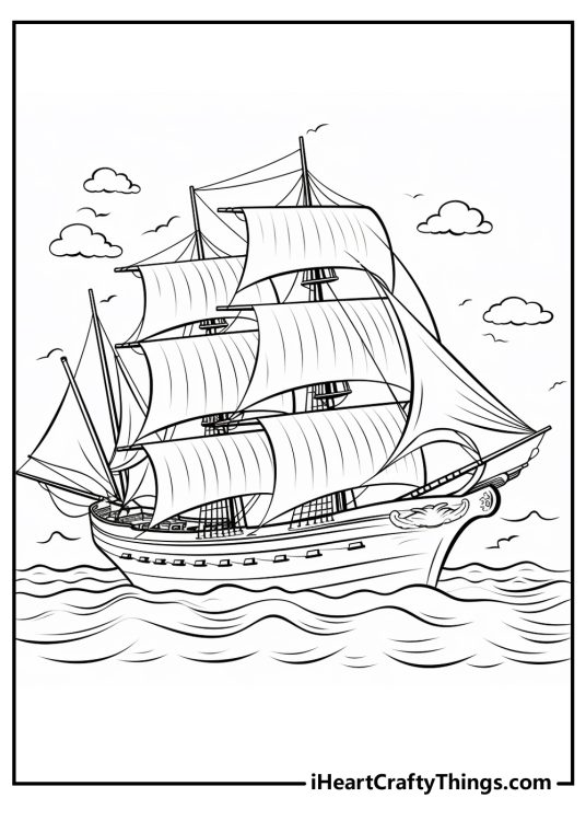 Coloring card of a grand vessel with three towering masts and billowing sails surrounded by seagulls and clouds