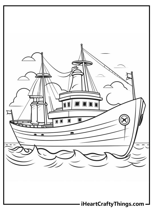 Free printable featuring large ship on a wavy ocean with two masts with sails and a smokestack