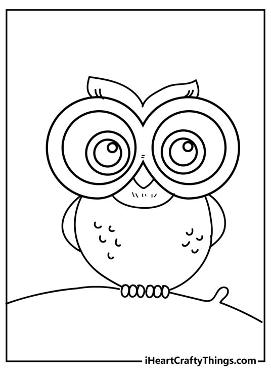 Cute animals printable coloring image featuring cartoony owl with big round eyes
