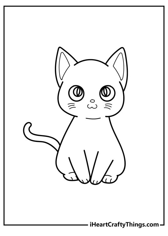 Cute animals coloring image to print featuring adorable sitting cat with blank background