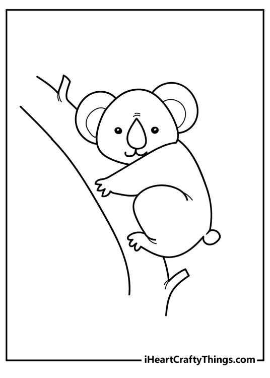 Cute animals-themed picture to print and color featuring koala climbing a tree