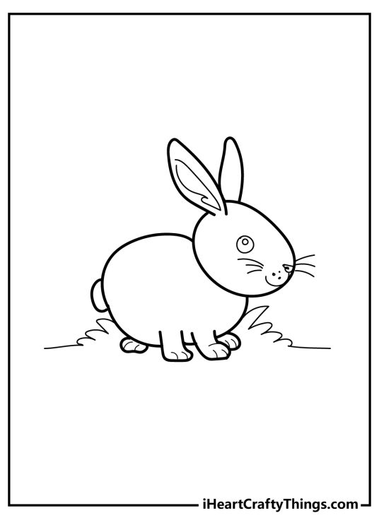 Cute animals coloring picture for pre-schoolers featuring happy baby rabbit surrounded by some grass