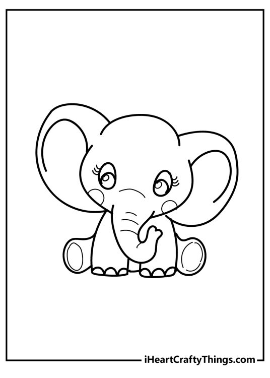 Cute animals coloring printable for children of a baby elephant in a sitting position