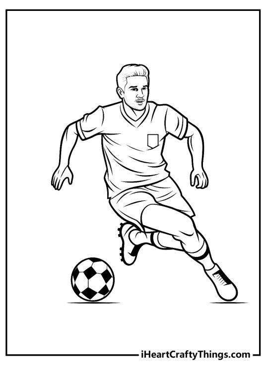 Soccer-themed coloring page of a focused striker running while maneuvering the ball