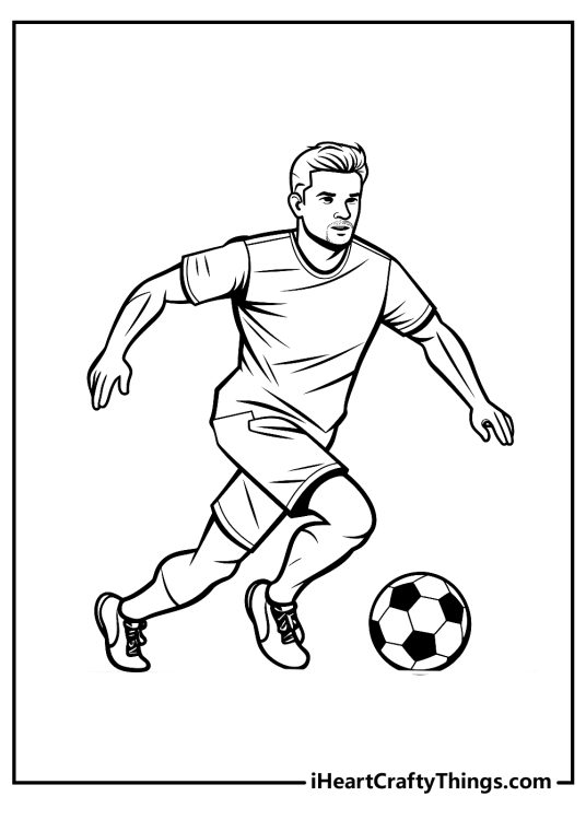 Detailed coloring drawing featuring soccer player on a move with a ball dressed in t-shirt and shorts