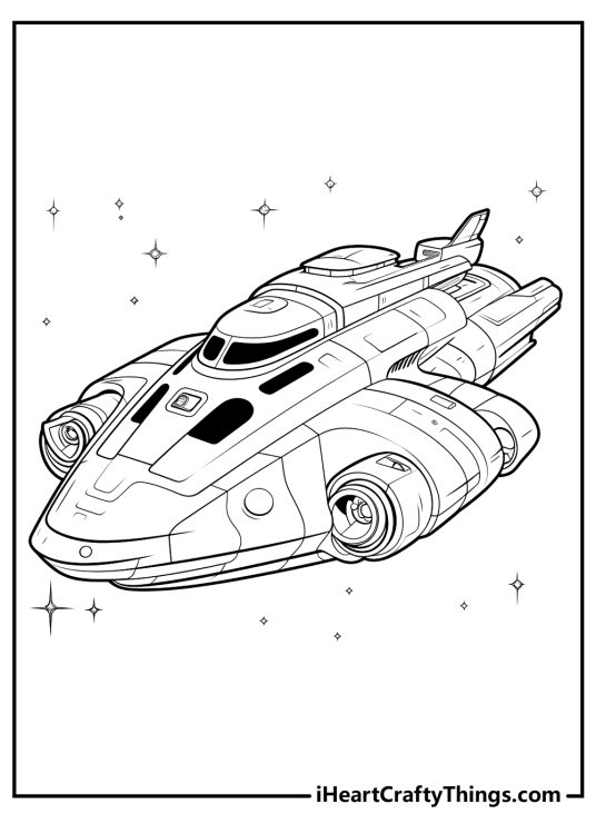 Detailed coloring poster for kids presenting sleek design spaceship with multiple engines and wings