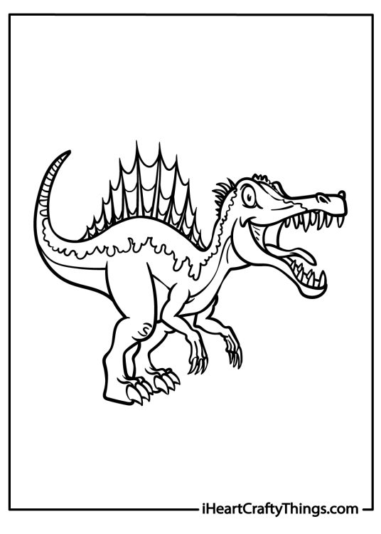 Detailed coloring page featuring ferocious spinosaurus standing on two legs and roaring