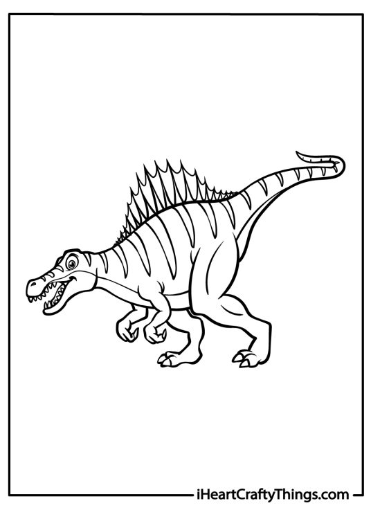 Coloring page featuring spinosaurus with long neck and tail and a row of spikes along its back