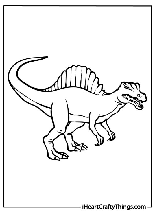Coloring image of a realistic spinosaurus with long pointed tail standing on two legs and roaring