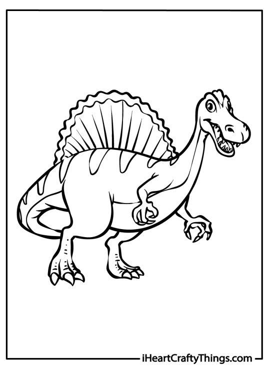 Detailed drawing for children featuring spinosaurus with pointy teeth and spiky sail