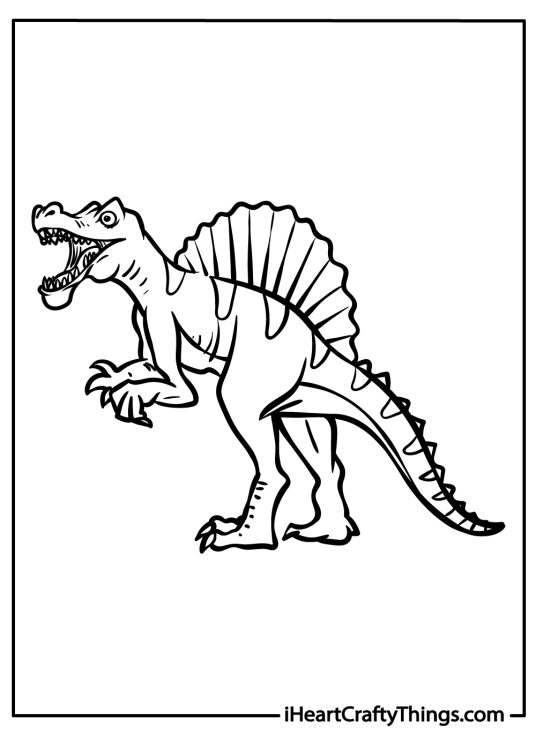 Detailed coloring image of a spinosaurus with a large sail on its back and a long tail