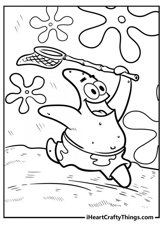 SpongeBob Coloring Page Featuring Patrick The Star Running With a Net