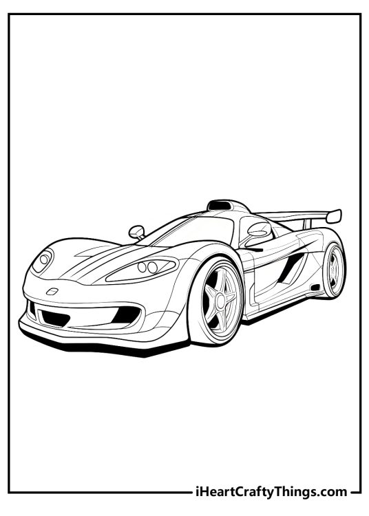 Sports car printable sheet featuring a two-door modern coupe with a large rear wing and a low sleek profile
