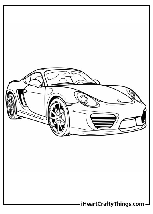 Sports car-themed picture to print and color featuring a luxury sporty look Porsche car