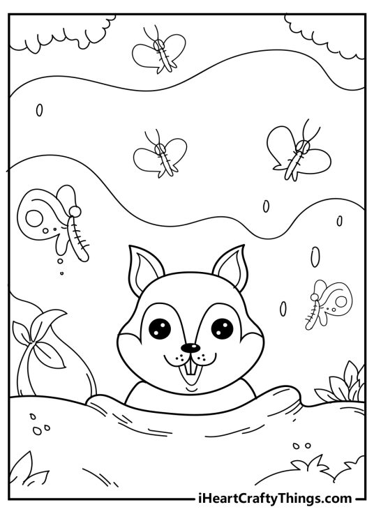 Picture featuring a cute squirrel peeking out of a hole in the ground with trees bushes and flying insects all around